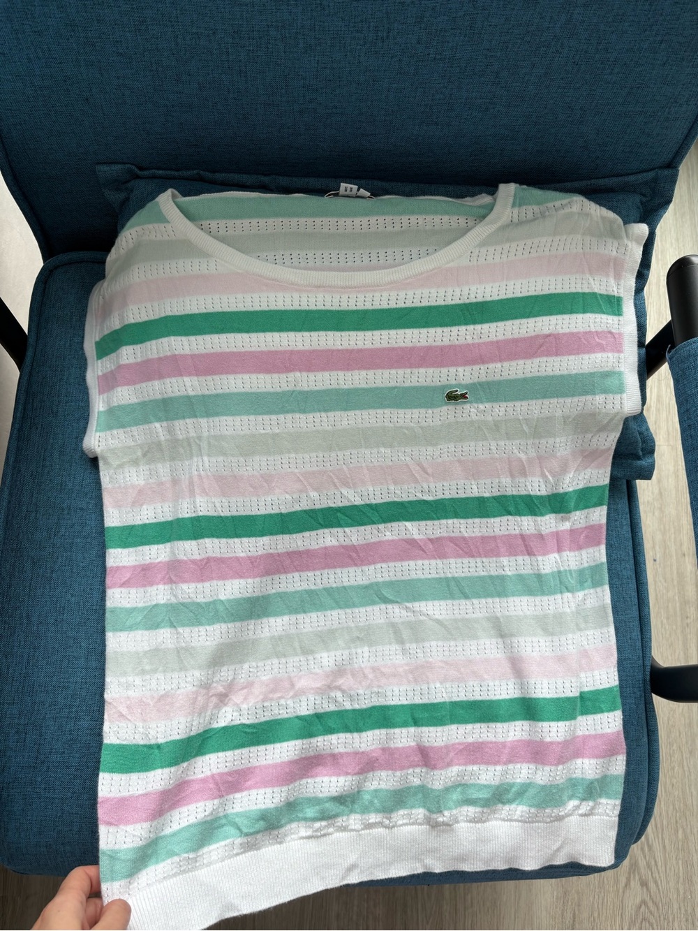 Lacoste White Tee with Green & Pink Stripes